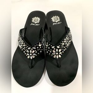 Yellow box, flip-flops, black w/ silver rhinestone & studs with flower pattern